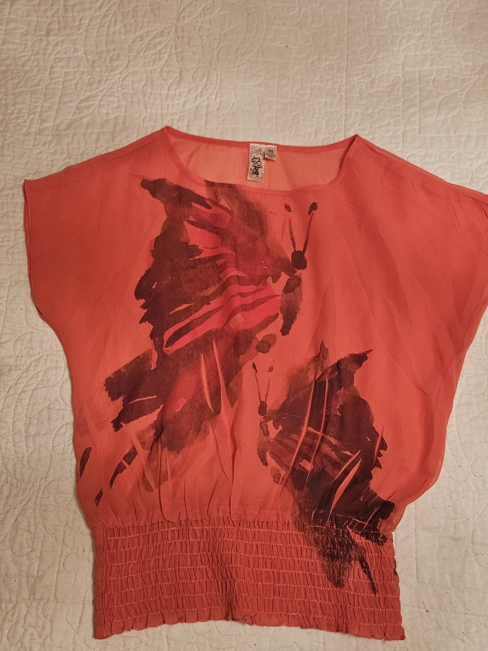 Spoiled Coral Butterfly Print Smocked Waist Blouse